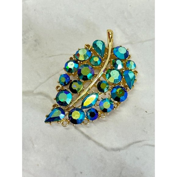 Vintage Lisnore Blue AB Iridescent Leaf Brooch Gold Rhodium Signed - Picture 4 of 8